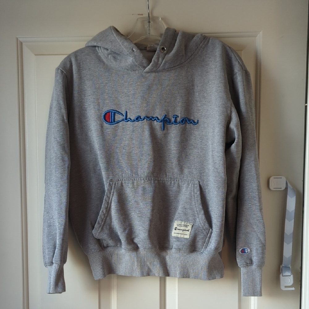 Vintage Champion Heather Gray Hoodie with Blue Embroidery